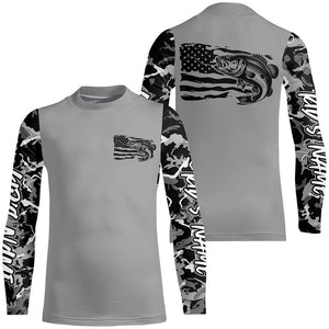 Gray Camo Us Flag Largemouth Bass Custom Patrotic Long Sleeve Fishing Shirt, Bass Fishing Jersey IPHW7965