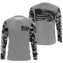 Load image into Gallery viewer, Gray Camo Us Flag Largemouth Bass Custom Patrotic Long Sleeve Fishing Shirt, Bass Fishing Jersey IPHW7965