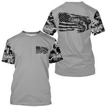 Load image into Gallery viewer, Gray Camo Us Flag Largemouth Bass Custom Patrotic Long Sleeve Fishing Shirt, Bass Fishing Jersey IPHW7965