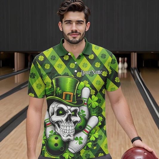 Custom St Patricks Day Skull Bowling Polo Shirts For Men, Green Shamprock Lucky Team Shirt IPHW8581