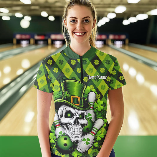 Custom St Patricks Day Skull Bowling Womens Quarter-Zip Shirts, Green Shamprock Lucky Shirt IPHW8581