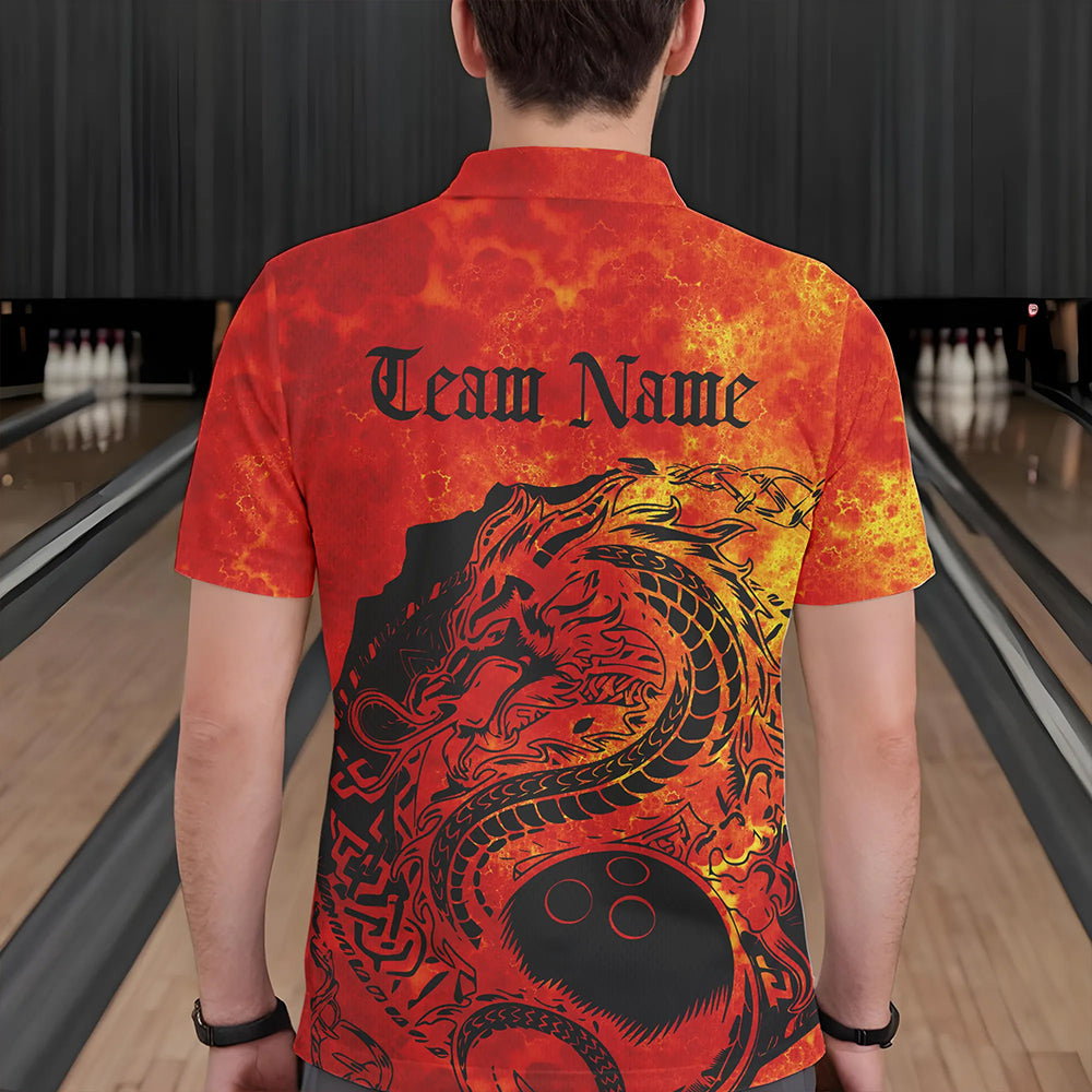 Custom Red Flame Viking Dragon Bowling Polo Team Shirts For Men, Bowling League Shirts IPHW8585