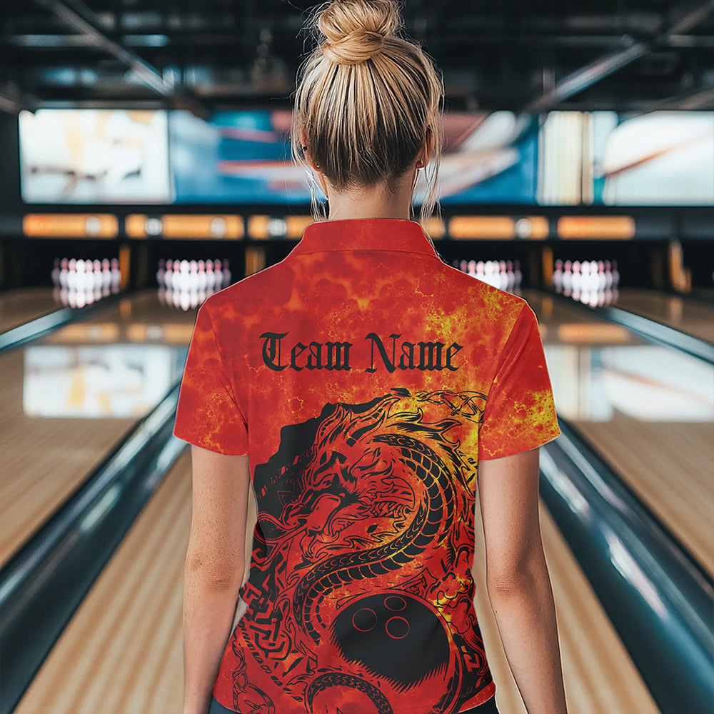 Custom Red Flame Viking Dragon Bowling Womens Quarter-Zip Team Shirt, Bowling League Shirts IPHW8585