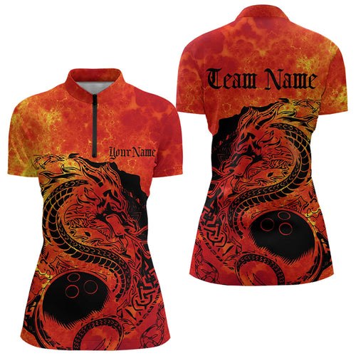 Custom Red Flame Viking Dragon Bowling Womens Quarter-Zip Team Shirt, Bowling League Shirts IPHW8585
