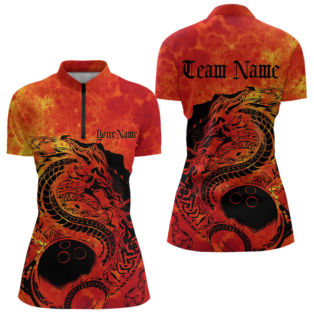 Custom Red Flame Viking Dragon Bowling Womens Quarter-Zip Team Shirt, Bowling League Shirts IPHW8585