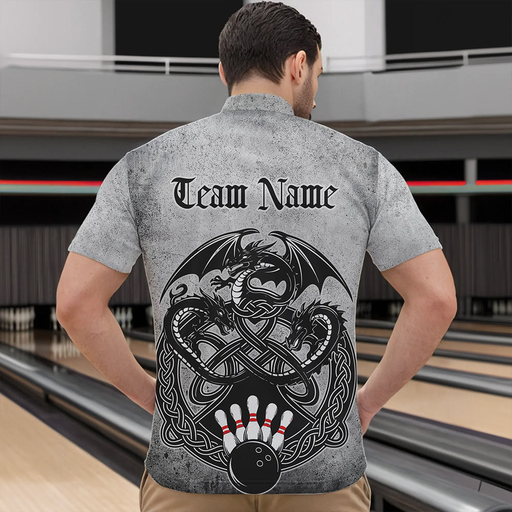 Custom Vintage Viking Dragon Bowling Quarter-Zip Team Shirts For Men, Celtic Bowling Shirt IPHW8586