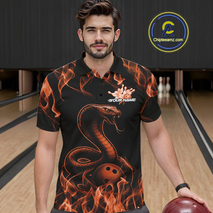 Custom Black And Orange Flame Cobra Snake Bowling Men Shirts, Bowling League Shirt IPHW10767