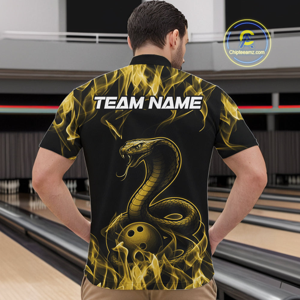 Custom Black And Yellow Flame Cobra Snake Bowling Men Shirts, Bowling League Shirt IPHW10768