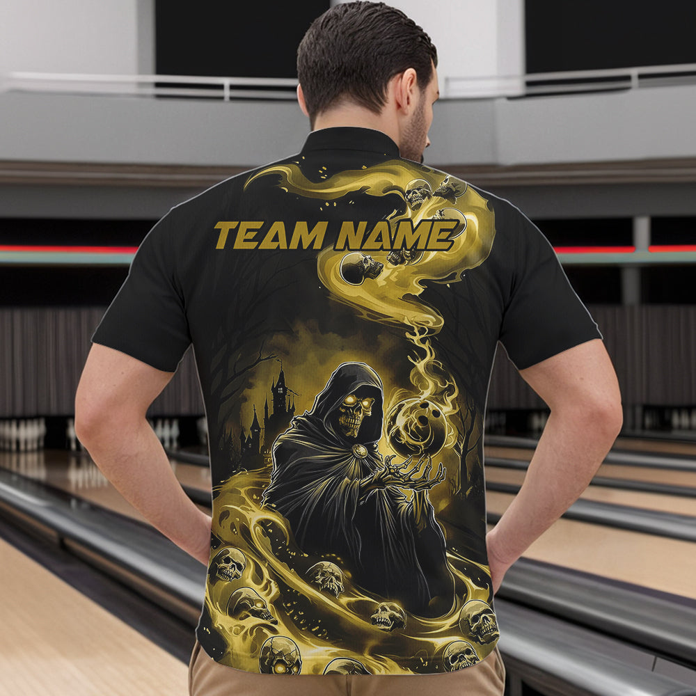 Black And Yellow Grim Reaper Custom Halloween Bowling Team Men Quarter-Zip Shirts, Bowlers Outfit IPHW8894