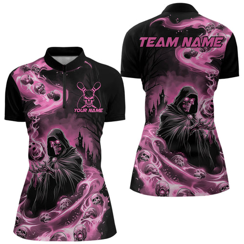 Black And Pink Grim Reaper Custom Halloween Bowling Team Women Quarter-Zip Shirts Outfit IPHW8895
