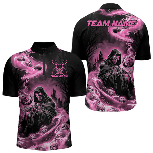 Black And Pink Grim Reaper Custom Halloween Bowling Team Men Quarter-Zip Shirts, Bowlers Outfit IPHW8895