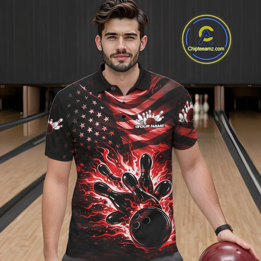 Male model wearing a black bowling polo shirt at the bowling lane with red flame bowling graphics and patriotic details.