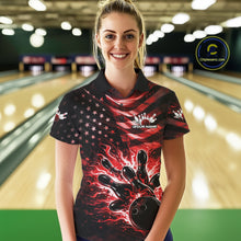 Load image into Gallery viewer, Custom Black And Red Patriotic Fire Flame Women Bowling Shirt, US Flag Bowling Jerseys IPHW10997