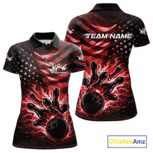 Load image into Gallery viewer, Custom Black And Red Patriotic Fire Flame Women Bowling Shirt, US Flag Bowling Jerseys IPHW10997