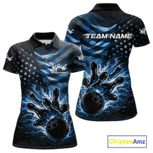 Load image into Gallery viewer, Front and back views of a black womens bowling polo shirt featuring a blue flame bowling ball striking pins with distressed American flag artwork.