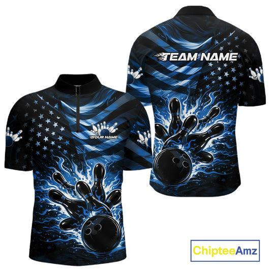 Front and back views of a black mens bowling quarter-zip shirt featuring a blue flame bowling ball striking pins with distressed American flag graphics.