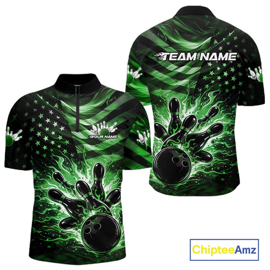 Front and back views of a black mens bowling quarter-zip shirt showcasing a green flame bowling ball striking pins with distressed American flag artwork.