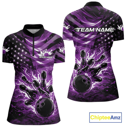Front and back views of a black womens bowling quarter-zip shirt with a purple flame bowling ball striking pins and distressed American flag graphics.
