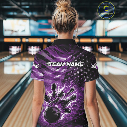 Back view of a female model in a black bowling quarter-zip shirt displaying purple flame bowling strike graphics and distressed flag accents.