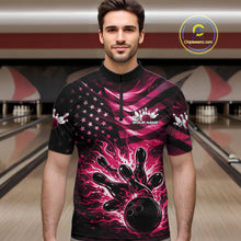 Load image into Gallery viewer, Custom Black And Pink Patriotic Fire Flame Men Bowling Shirt, US Flag Bowling Jerseys IPHW11001
