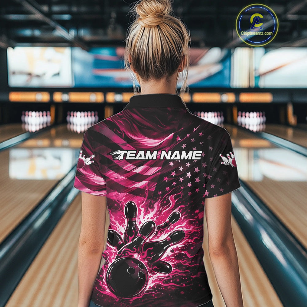 Back view of a female model in a black bowling quarter-zip shirt showcasing pink flame bowling artwork and an American flag theme.