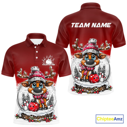 Custom Cute Funny Reindeer Christmas Bowling Men Polo Shirts, Xmas Team Bowling Shirt IPHW10114