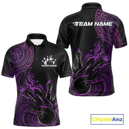 Custom Black And Purple Tribal Flame Bowling Ball Bowling Team Shirts, Polynesian Bowling Tournament Shirt IPHW10500