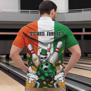 Custom Irish Flag St Patricks Day Bowling Quarter-Zip Team Shirts For Men, Skull Leprechaun Bowling IPHW8588