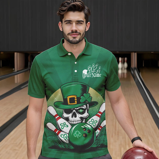 Custom Green Skull St Patricks Day Bowling Polo Shirt For Men, Lucky Bowling Tournament Shirt IPHW8591