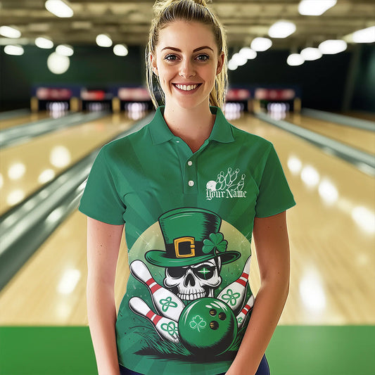 Custom Green Skull St Patricks Day Bowling Polo Shirt For Women, Lucky Bowling Shirt IPHW8591