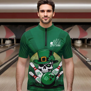 Custom Green Skull St Patricks Day Bowling Quarter-Zip Shirt For Men, Lucky Bowling Tournament Shirt IPHW8591