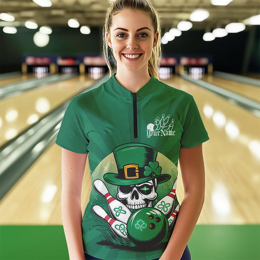 Custom Green Skull St Patricks Bowling Womens Quarter-Zip Shirt, Lucky Bowling Shirt IPHW8591