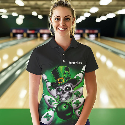 Custom Black And Green Lucky Clover St Patricks Day Skull Bowling Team Polo Shirt For Women IPHW8593