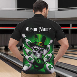 Custom Black And Green Lucky Clover St Patricks Day Skull Bowling Team Quarter-Zip Shirts For Men IPHW8593