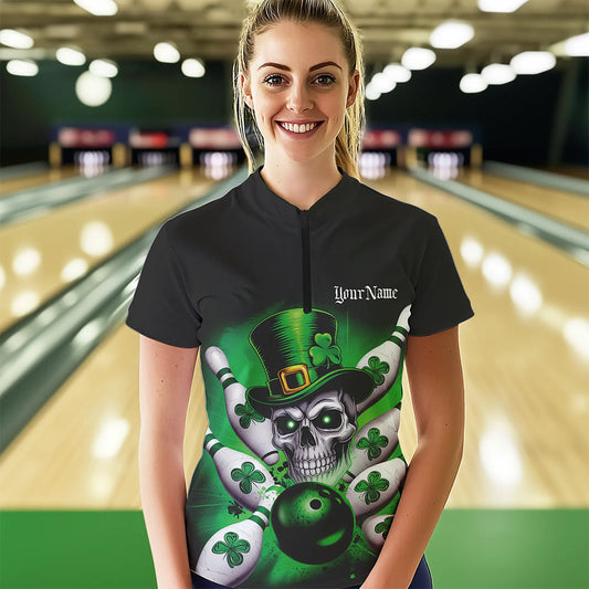 Custom Black And Green Lucky Clover St Patricks Skull Bowling Team Womens Quarter-Zip Shirt IPHW8593