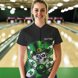 Custom Black And Green Lucky Clover St Patricks Skull Bowling Team Womens Quarter-Zip Shirt IPHW8593