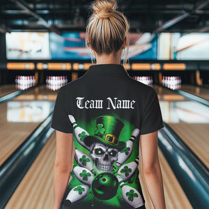 Custom Black And Green Lucky Clover St Patricks Skull Bowling Team Womens Quarter-Zip Shirt IPHW8593