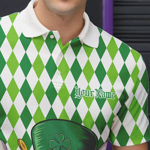 Custom White And Green St Patricks Argyle Skull Bowling Polo Shirts For Men, Bowling Jerseys IPHW8596