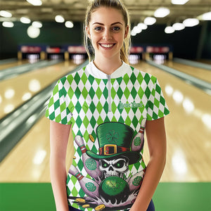 Custom White And Green St Patricks Argyle Skull Bowling Womens Quarter-Zip Shirts Jerseys IPHW8596