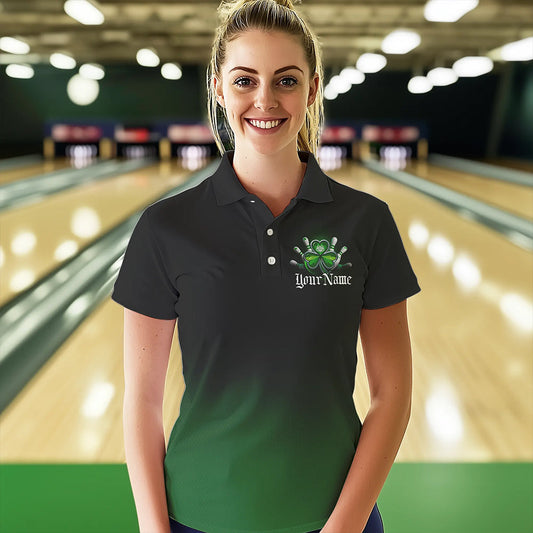 Custom Black And Green Lucky Clover St Patricks Day Skull Bowling Team Polo Shirt For Women IPHW8599