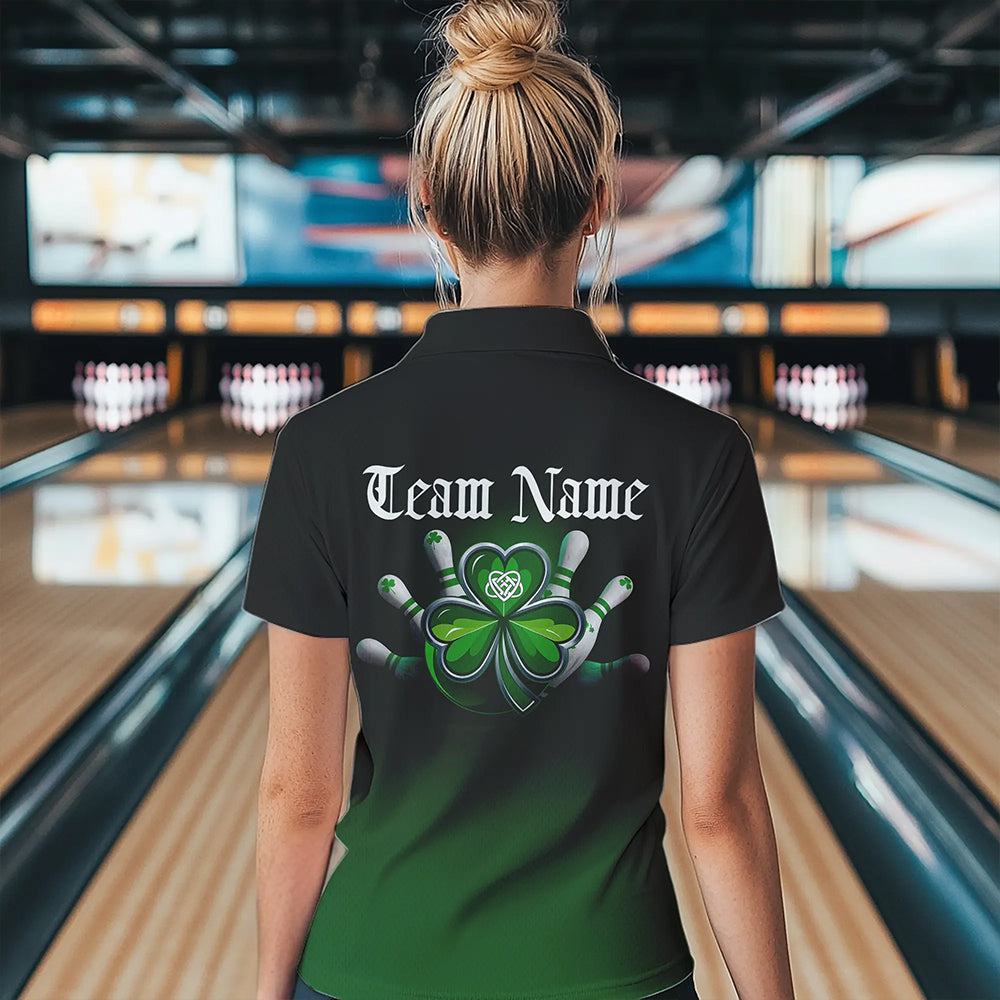 Custom Black And Green Lucky Clover St Patricks Day Skull Bowling Team Polo Shirt For Women IPHW8599