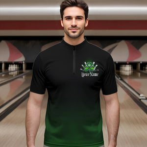 Custom Black And Green Lucky Clover St Patricks Day Skull Bowling Team Quarter-Zip Shirts For Men IPHW8599