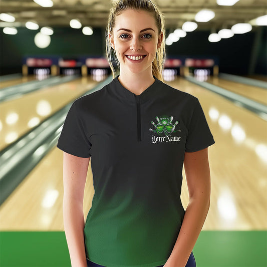 Custom Black And Green Lucky Clover St Patricks Skull Bowling Team Womens Quarter-Zip Shirt IPHW8599
