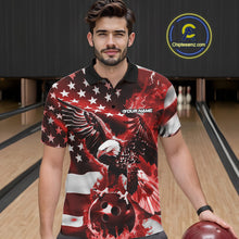 Load image into Gallery viewer, Custom Red Flaming American Flag Eagle Bowling Team Men Shirt, Patriotic Bowlers Outfit IPHW10779