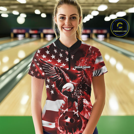 Custom Red Flaming American Flag Eagle Bowling Women Shirt, Patriotic Bowlers Outfit IPHW10779