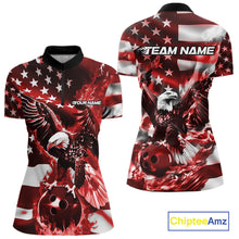 Load image into Gallery viewer, Custom Red Flaming American Flag Eagle Bowling Women Shirt, Patriotic Bowlers Outfit IPHW10779