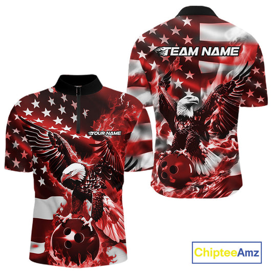 Custom Red Flaming American Flag Eagle Bowling Team Men Shirt, Patriotic Bowlers Outfit IPHW10779