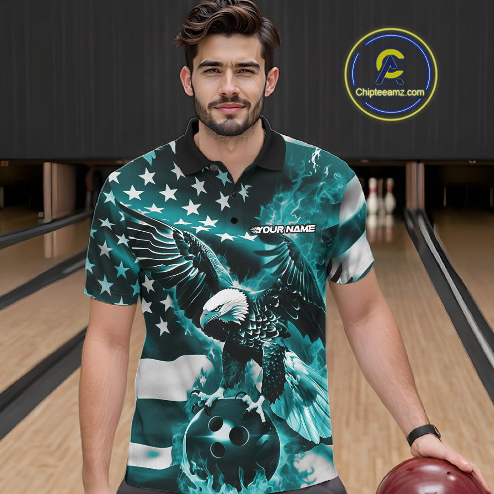 Custom Blue Flaming American Flag Eagle Bowling Team Men Shirt, Patriotic Bowlers Outfit IPHW10780