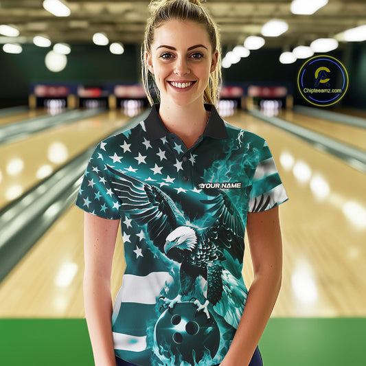 Custom Blue Flaming American Flag Eagle Bowling Team Women Shirt, Patriotic Bowlers Outfit IPHW10780