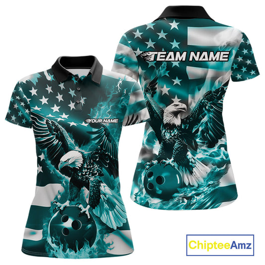 Custom Blue Flaming American Flag Eagle Bowling Team Women Shirt, Patriotic Bowlers Outfit IPHW10780